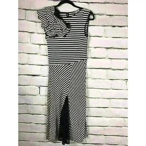 Lela Rose Women's Size 6 Blue/White Striped Short Sleeve Dress Lace Detail Bow